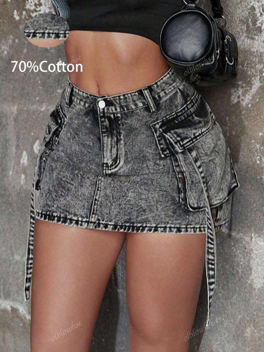 Y2K Street Vintage Flap Pocket With Tape Cargo Denim Bodycon Mini Skirt