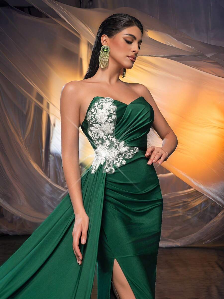 Glamrae Elegant & Luxurious Dark Green Stretchy Shiny Knit Swimwear Fabric, V-Neck, Molded Cups, Ruched Boning, High Slit Mermaid Layered Flowy Side Panels Decor, Suitable For Wedding, Holiday, Bachelorette Party, Prom, Evening Gown (Heavily Embellished), Formal Dress, For Wedding Guest, Graduation, Dinner