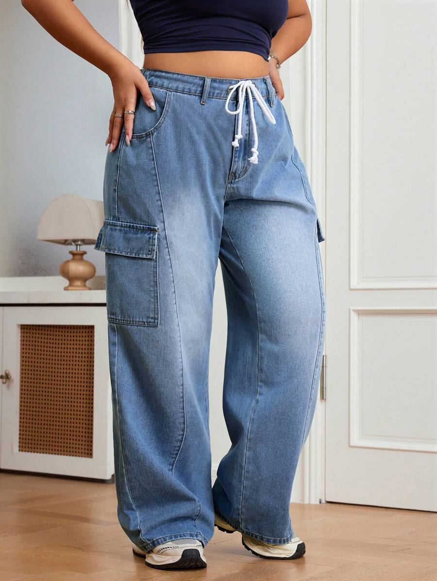 SHEIN EZwear Plus Size Vrouwen Trekkoord Taille Cargo Zak Wijde Pijpen Relaxed Casual Baggy Jeans