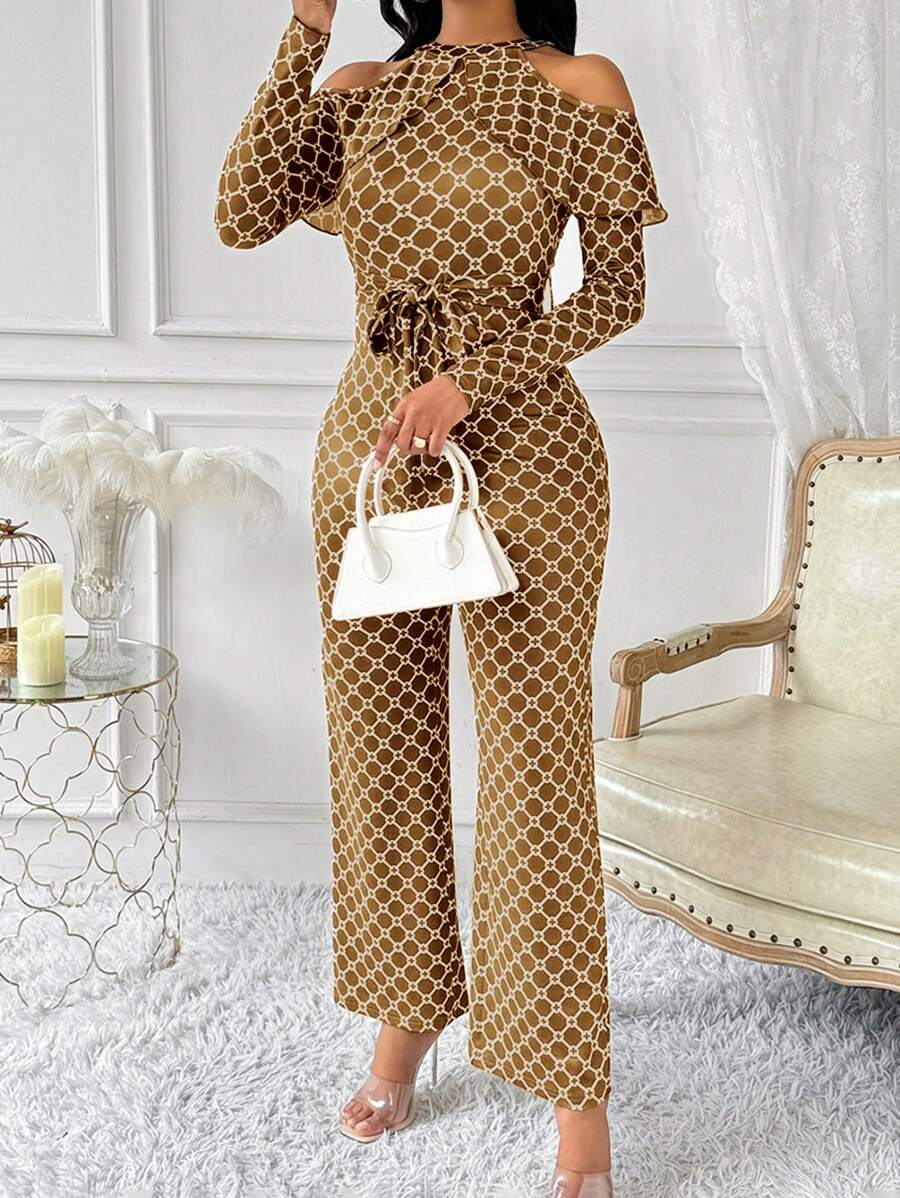 Lyxana Mono elegante de manga larga con volantes, cinturón y estampado vintage de toda la prenda para mujer
