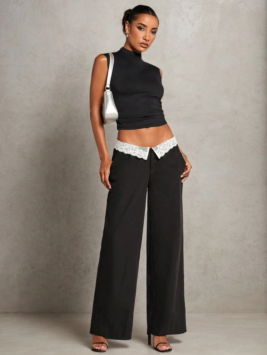 SHEIN BAE Women's Black Solid Color Waist Fold Lace Contrast Wide Leg Loose Elegant Casual Pants