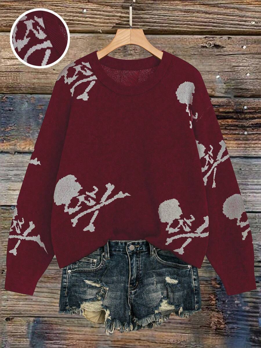 SHEIN LUNE Suéter informal de manga larga, escote redondo, hombro caído, con estampado de calavera, para mujeres de talla grande, otoño/invierno