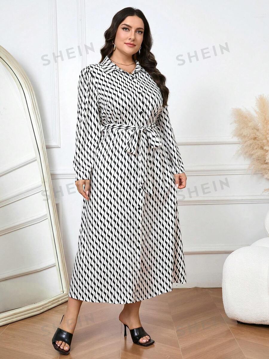 Modelyn Vestido camisero modesto de manga larga con estampado de rayas onduladas para mujer talla grande, para primavera/verano. Vestidos largos de estilo árabe para eventos de noche
