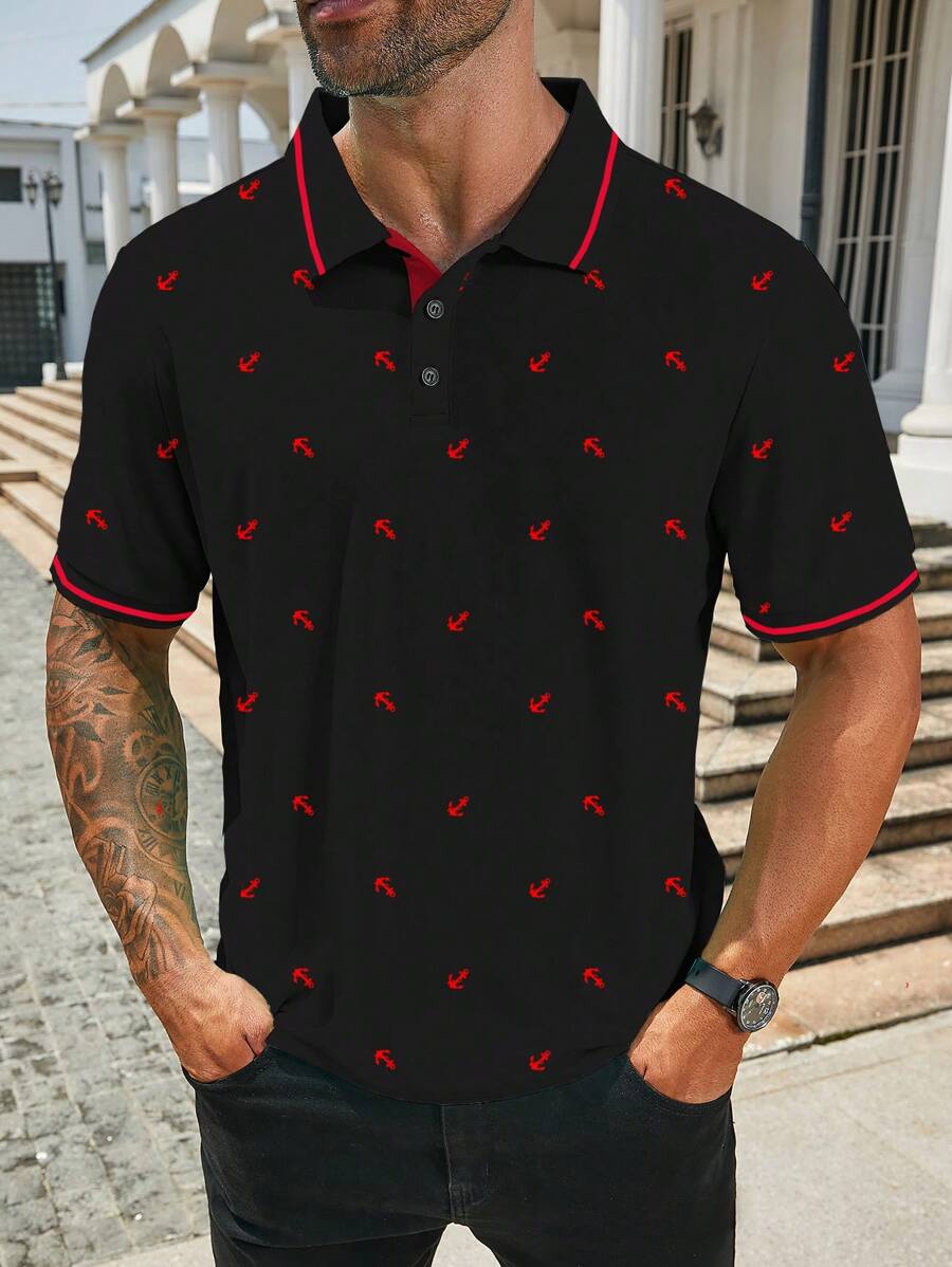 Manfinity Mode Plus Size Men's Summer Casual Anchor Printed POLO Shirt