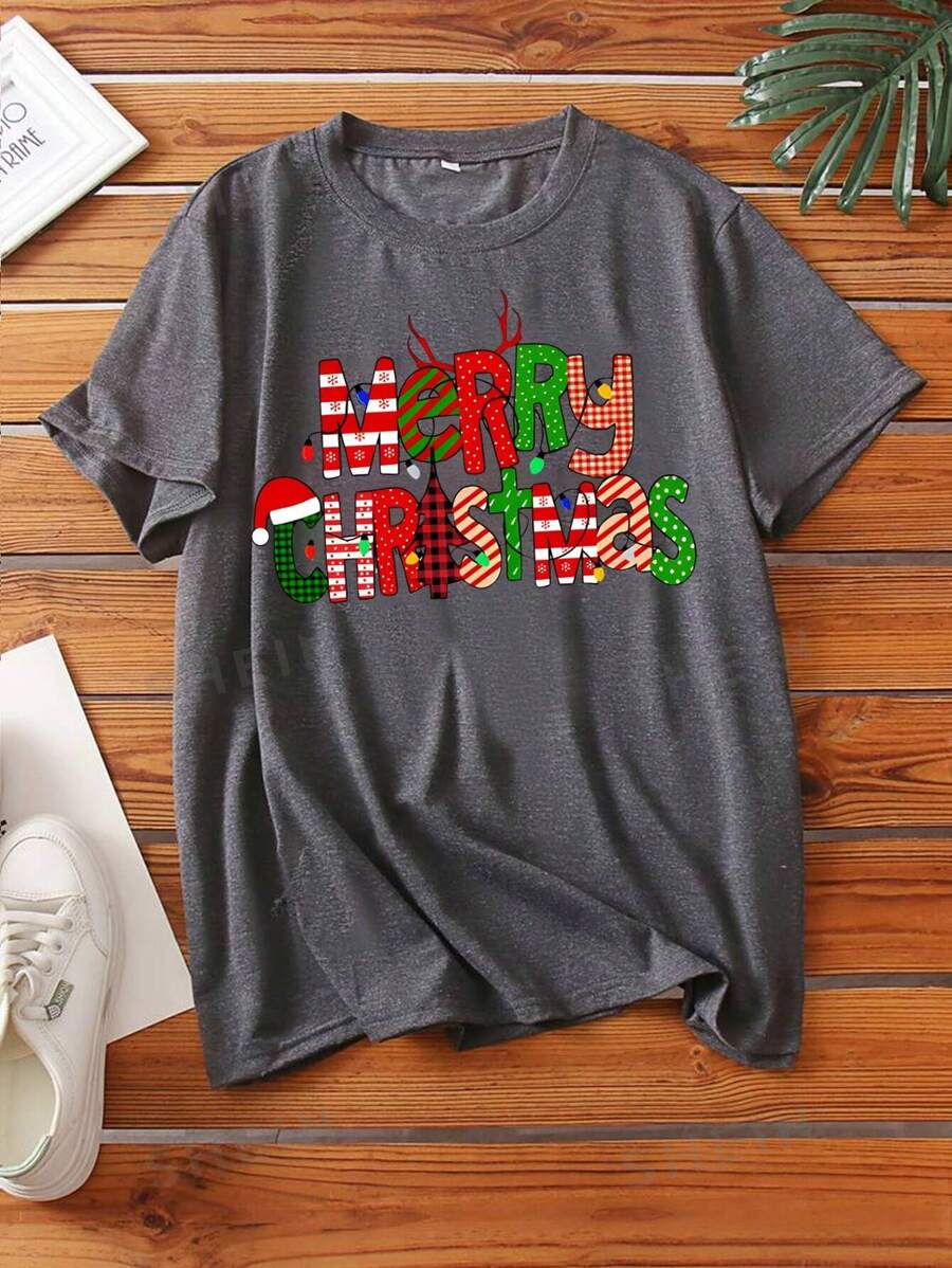Flirla Camiseta gráfica casual de manga corta y cuello redondo con estampado de letras navideñas para mujer de talla grande