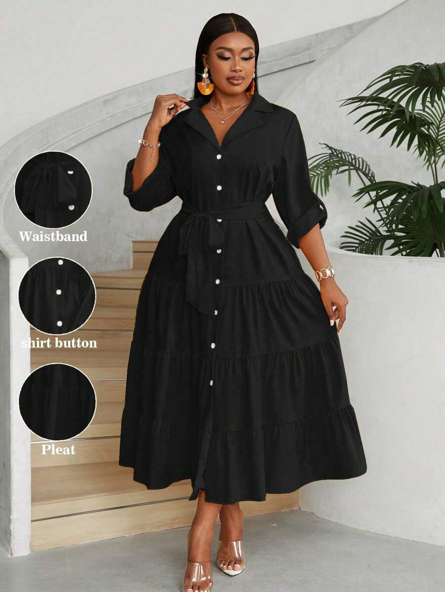 Maweii Plus Size Front Button Long Sleeve Minimalist Pleat Detail Casual Dress Maxi Women Outfit