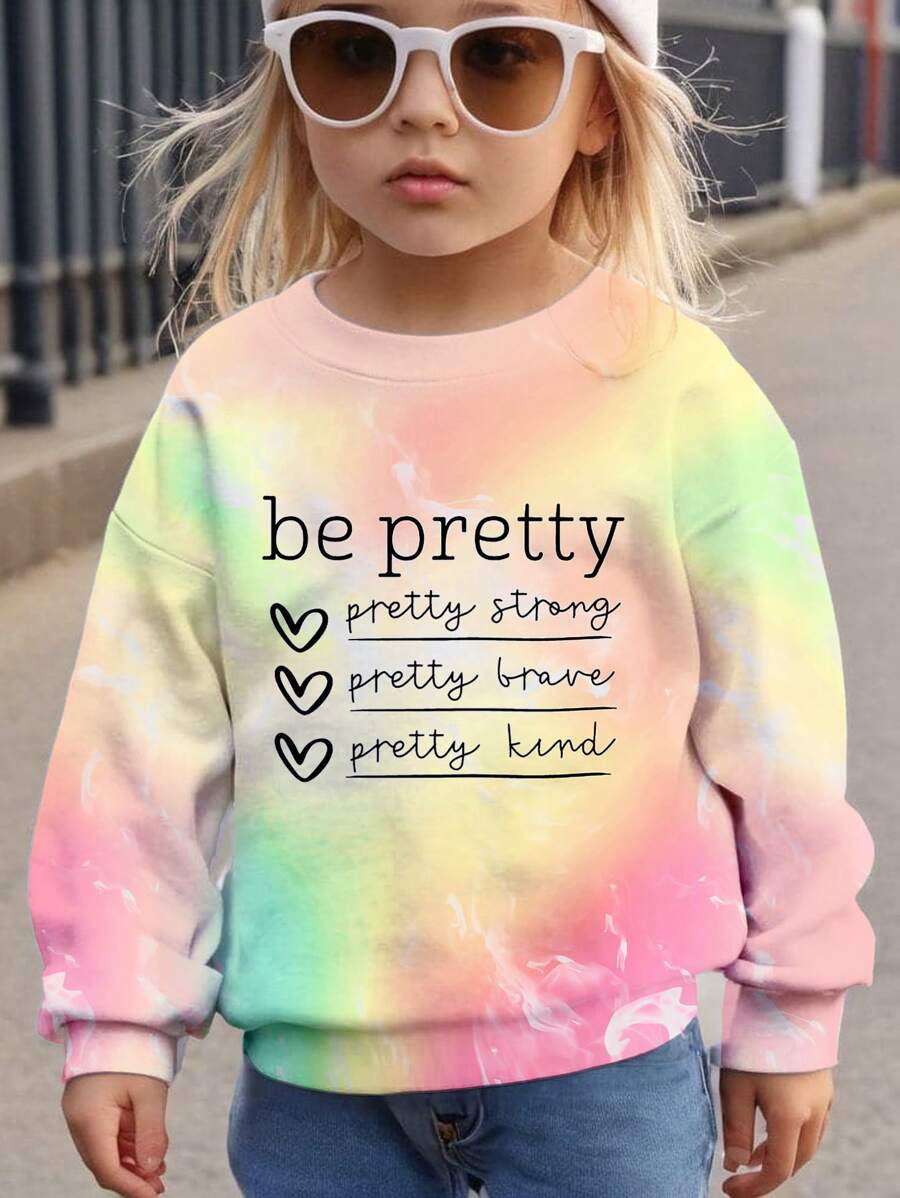 SHEIN Young Girls Casual Simple Loose Letter & Tie-Dye Pattern Daily Comfortable Knit Sweatshirt, Suitable For Autumn&Winter