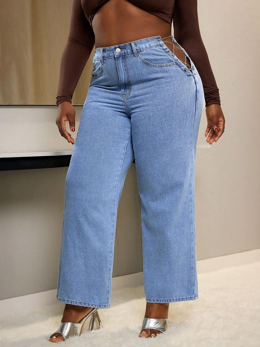 SHEIN SXY Jeans sueltos casuales rectos con diseño de cadena de ojales para mujer de talla grande