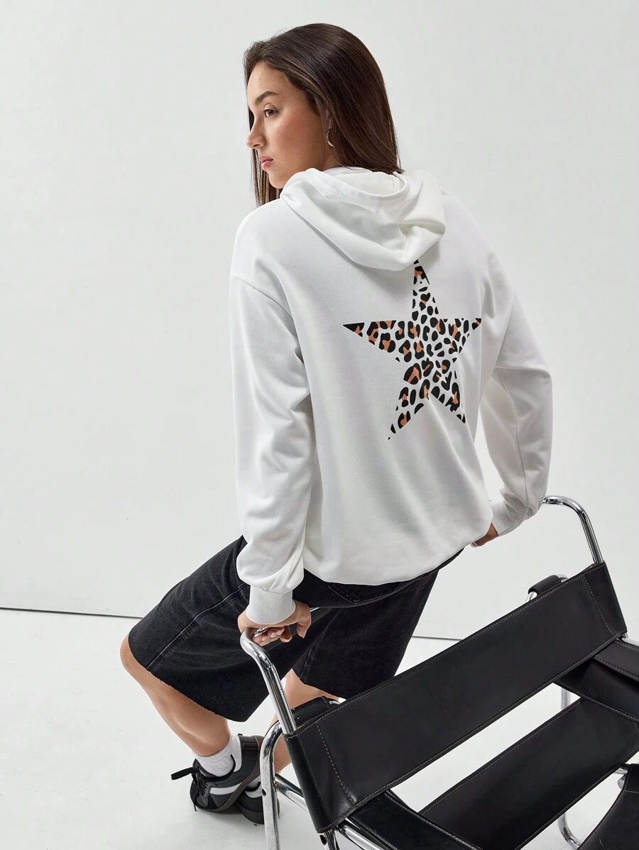 Flirla 1pc Women Casual White Hoodie With Leopard Print And Star Pattern, Long Sleeve Sweatshirt, Autumn/Winter