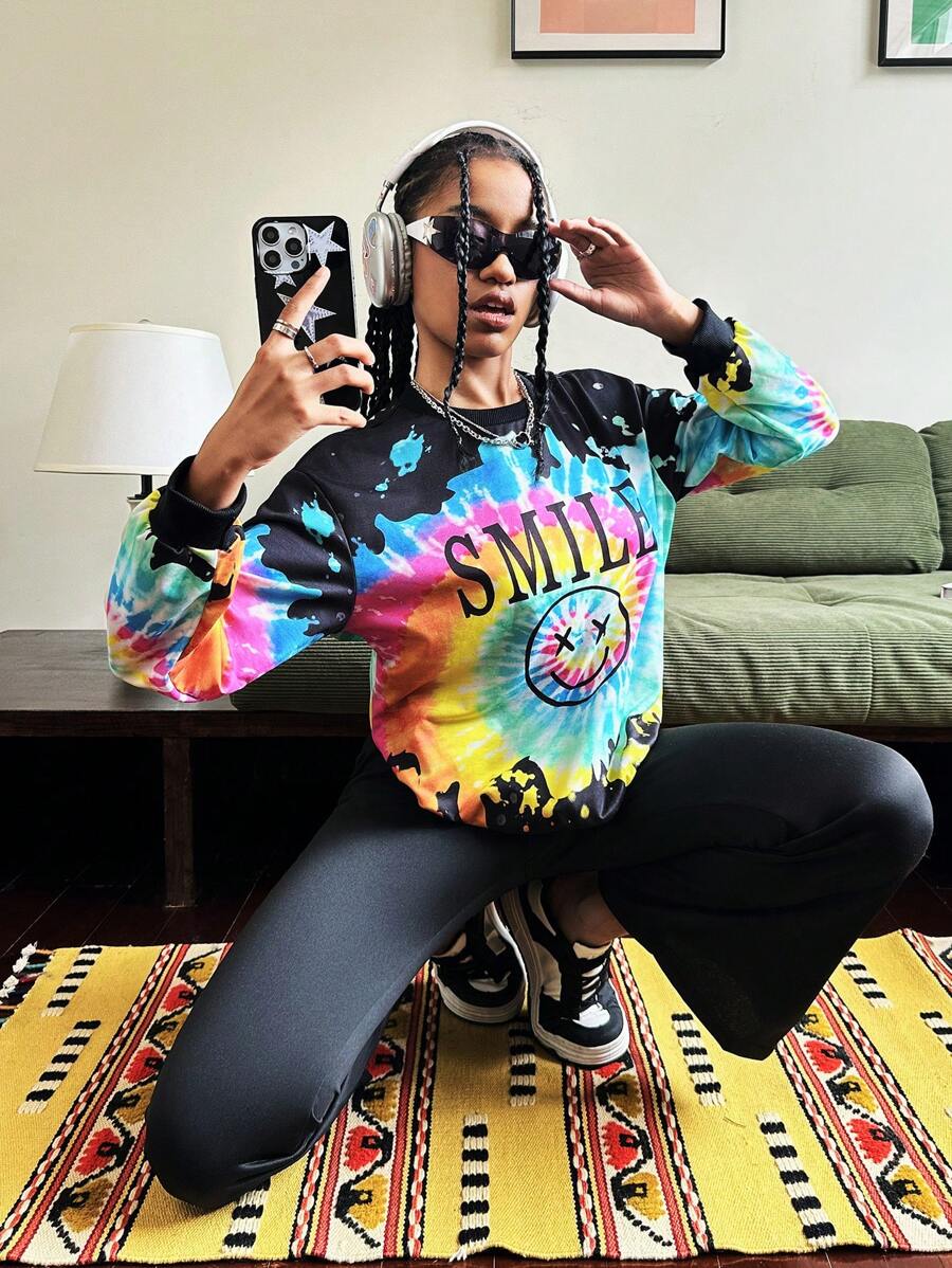 SHEIN 2 peças adolescentes meninas casual tie-dye streetwear simples EUA gráfico moletom e calças de bicicleta conjunto