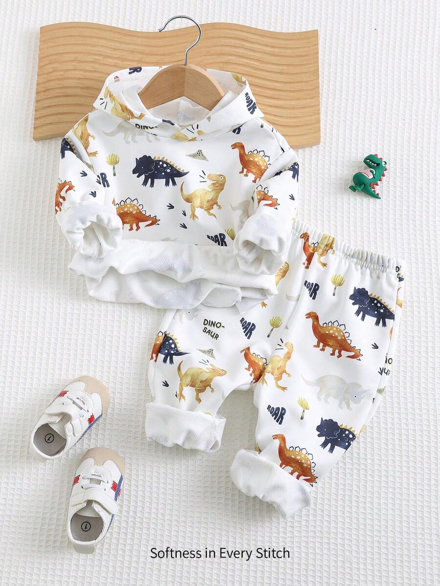 Cozy Pixies Baby Boy 2pcs Cartoon Dinosaur Print Hoodie Sweatshirt And Pants Clothes Set