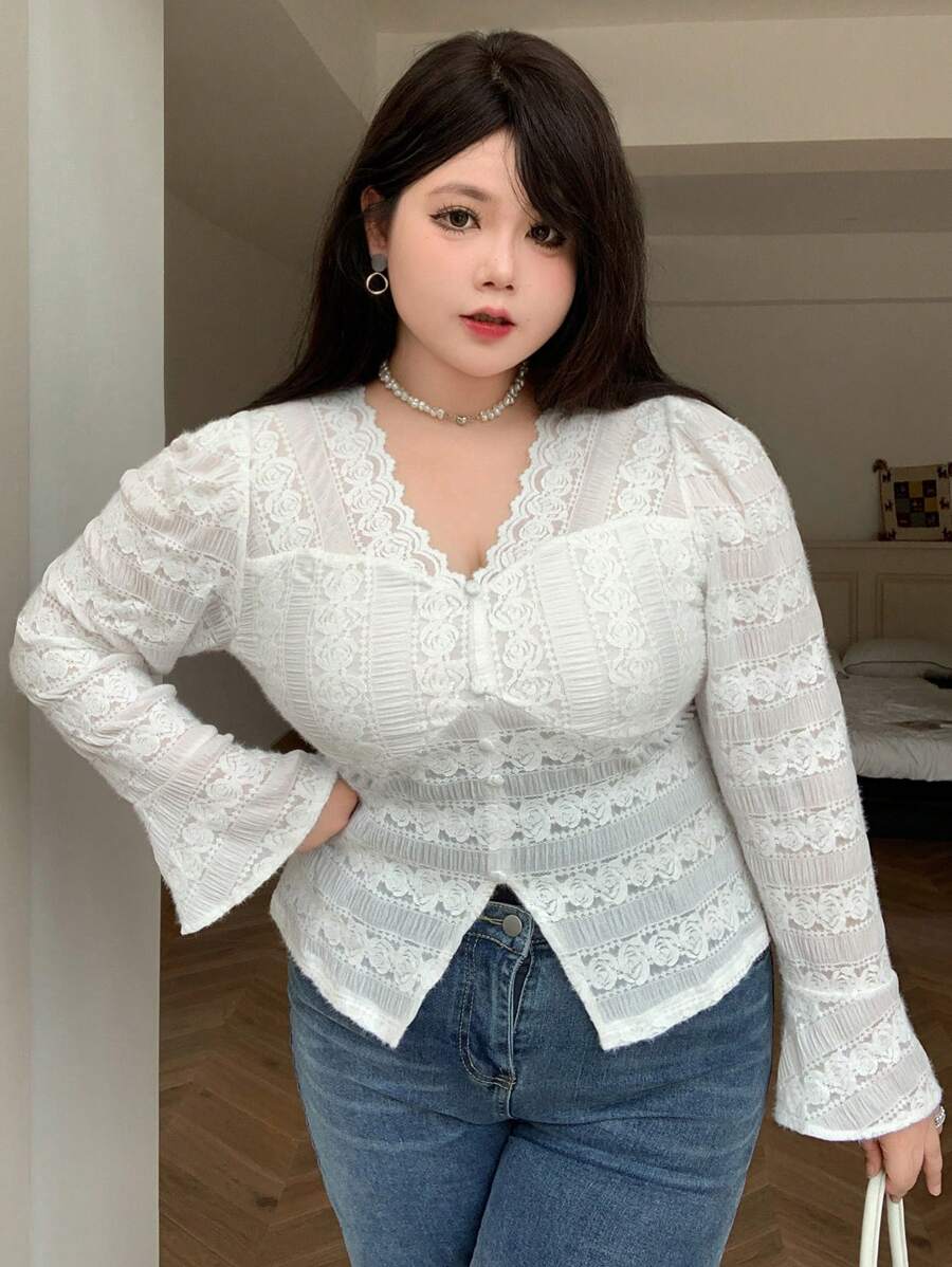 Dazy Plus Plus Size Elegant Lace Bodycon Bell Sleeve Top, Spring/Autumn,Ruffle
