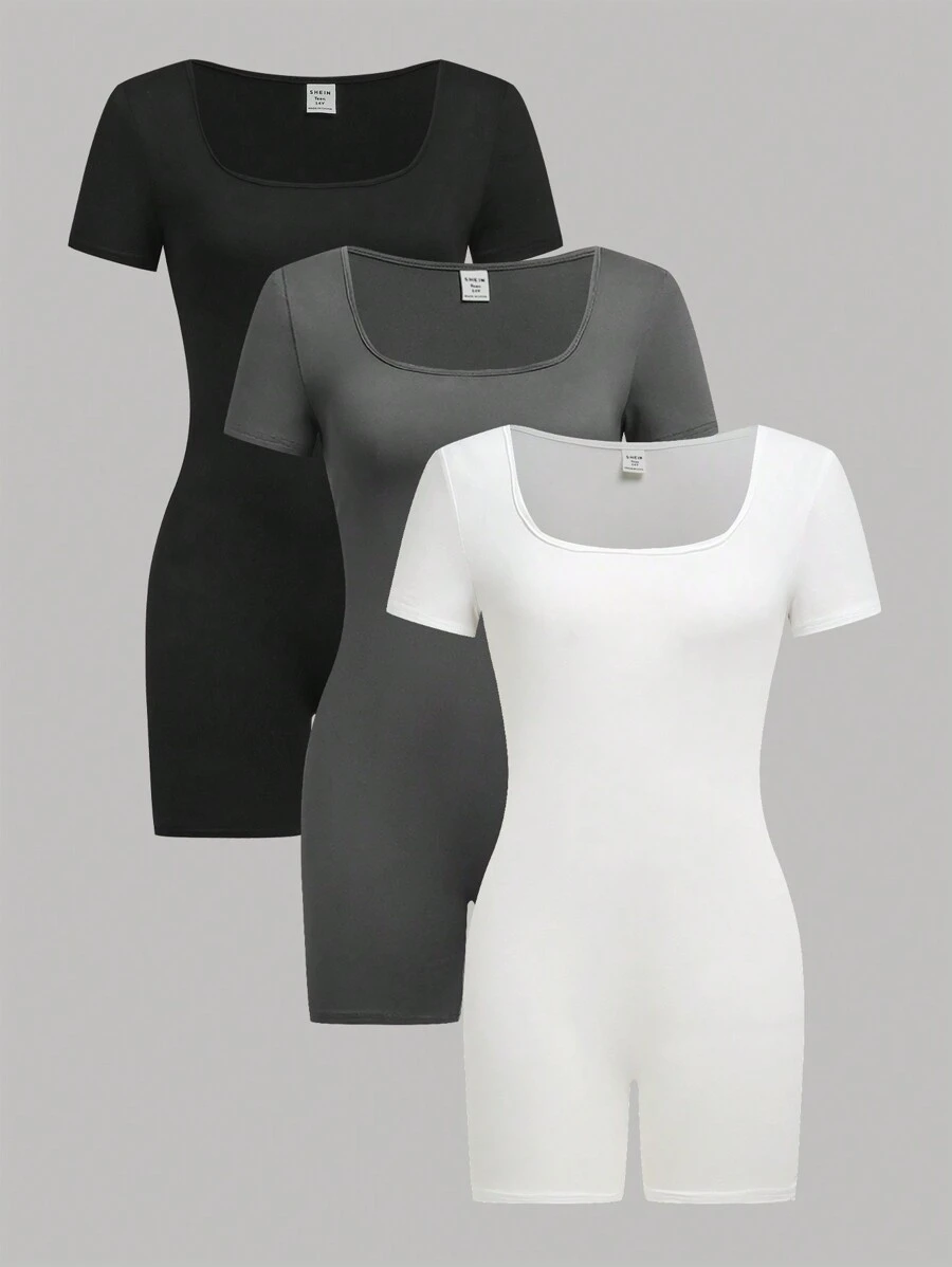 SHEIN Girlism 3pcs/Set Teen Girl Knit Solid Crew Neck Form-Fitting Casual Short Sleeve Jumpsuit