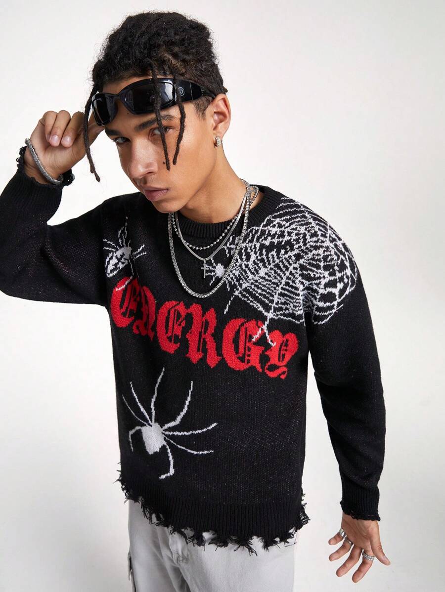 Manfinity EMRG Suéter rasgado con estampado de telaraña y letras de moda para hombre, otoño
