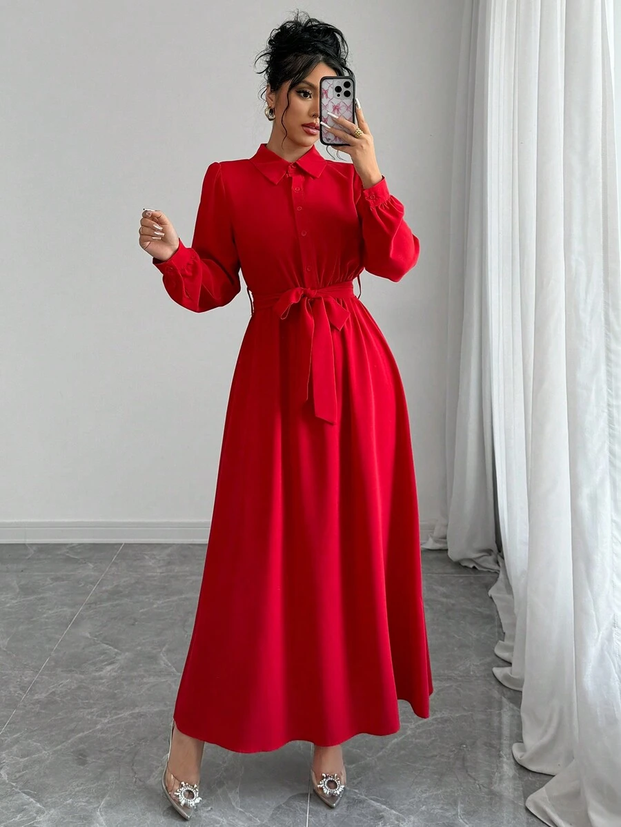 Elenzga Vestido de fiesta de Navidad para mujer, elegante y de moda, de manga larga, con solapa, cintura ceñida con cinturón, unicolor, ideal para el trabajo y los eventos de Año Nuevo