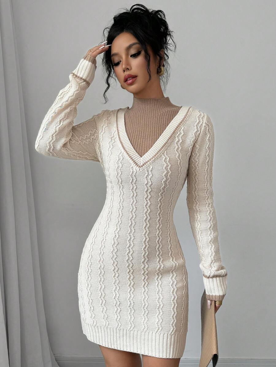 Calvaya Vestido de suéter elegante de manga larga con ajuste ceñido y bloque de color para mujeres, otoño/invierno