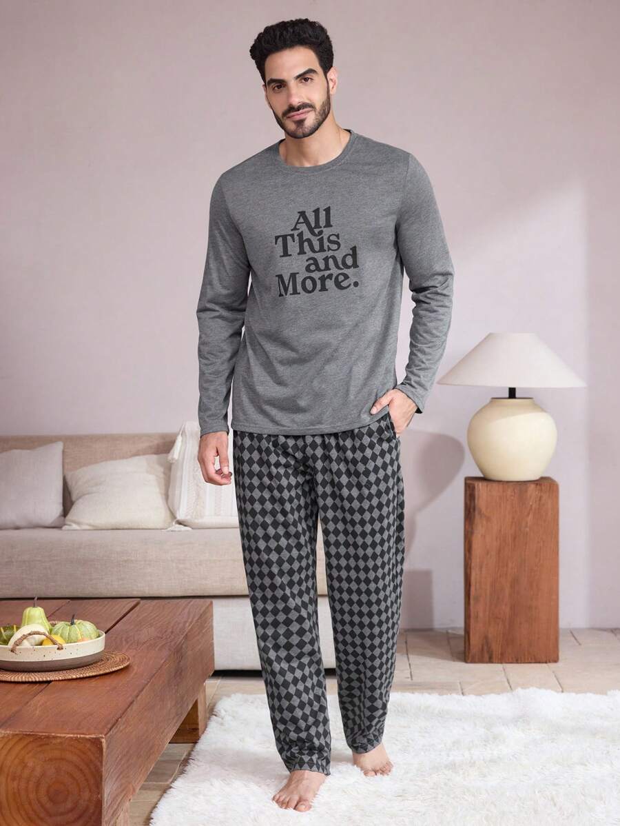 2 stuks heren ronde hals letter print lange mouwen top en geruite zak lange broek nachtkleding set
