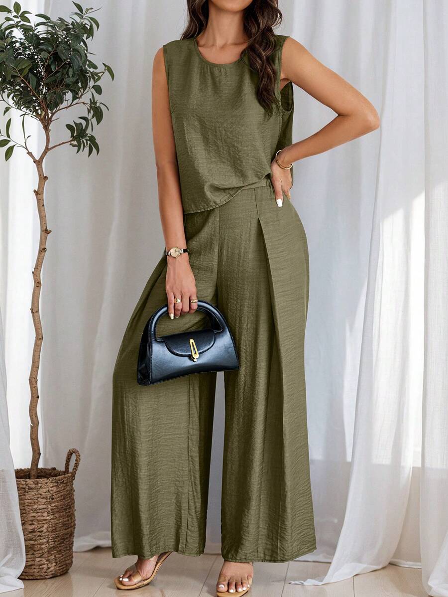 SHEIN LUNE 2pcs Women's Casual Solid Color Tank Top And Wide Leg Pants Set, Summer