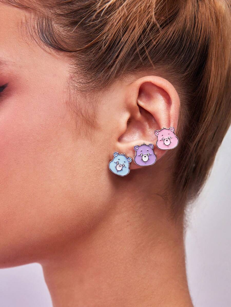 SHEIN X Care Bears 3 Pairs Cute Cartoon Bear Design Stud Earrings, Suitable For Daily Wear