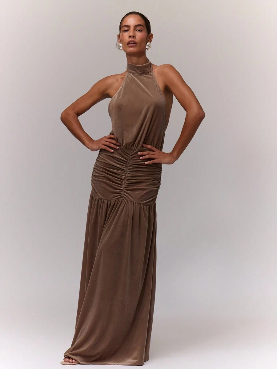 MUSERA Vestido de terciopelo con cuello alto halter, cintura fruncida, elegante para primavera, verano y fiestas