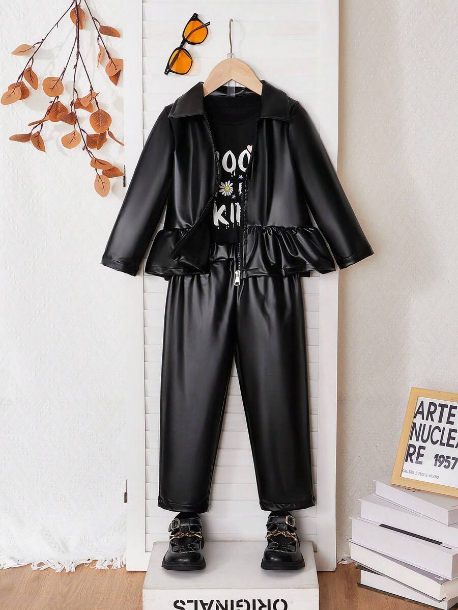 SHEIN 3pcs/Set Young Girl Long Sleeve Zipper Jacket, Letter Print T-Shirt, And Black Faux Leather Pants