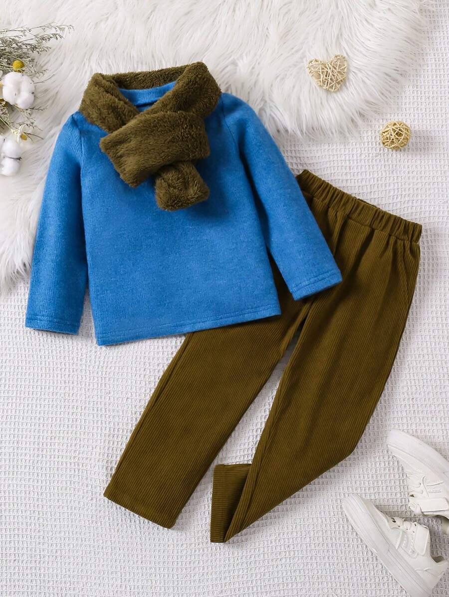 SHEIN 2pcs Young Girls Blue & Green Top And Mustard Brown Corduroy Pants Set, Spring & Fall Casual & Comfortable Outfit
