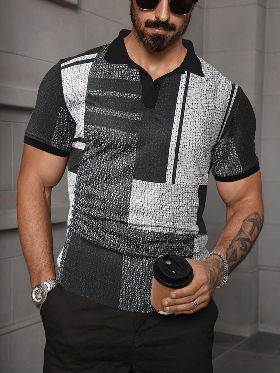 Manfinity LEGND Camisa polo de manga corta con estampado geométrico casual de uso diario para hombres, verano