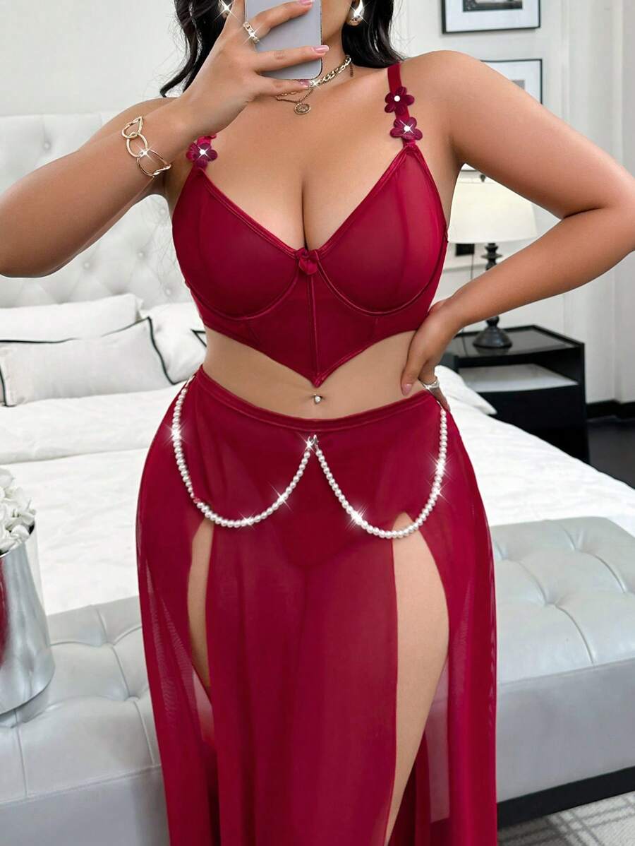 3 piezas/Conjunto Sujetador sexy con decoración de flores de perlas falsas + Tanga + Falda con abertura en la cintura