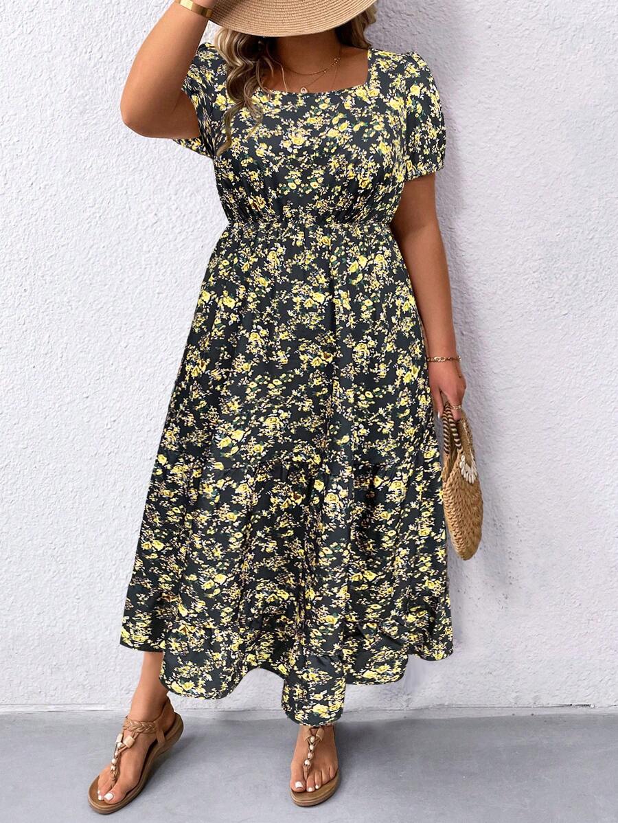 SHEIN LUNE Robe à manches bouffantes col carré à motif floral pour femmes grande taille