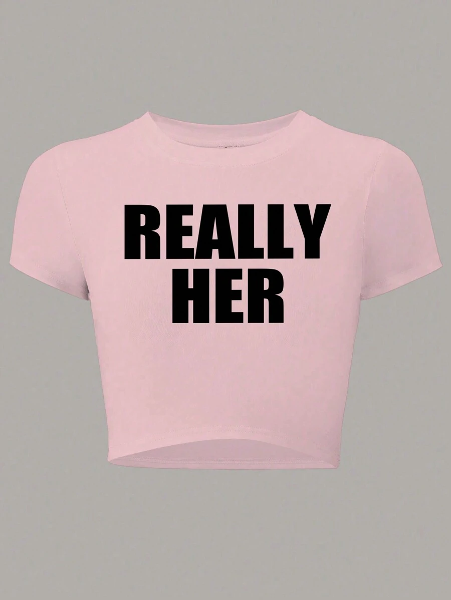 SHEIN Women's Summer Short Sleeve Casual T-Shirt With Letter Printing And Round Neck