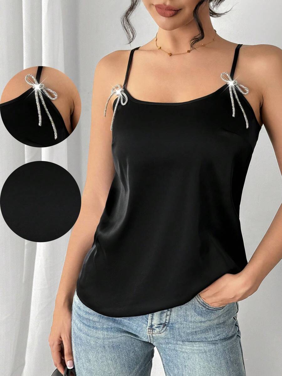 Chiquease Shiny Satin Crystal Bowknot Decor Camisole