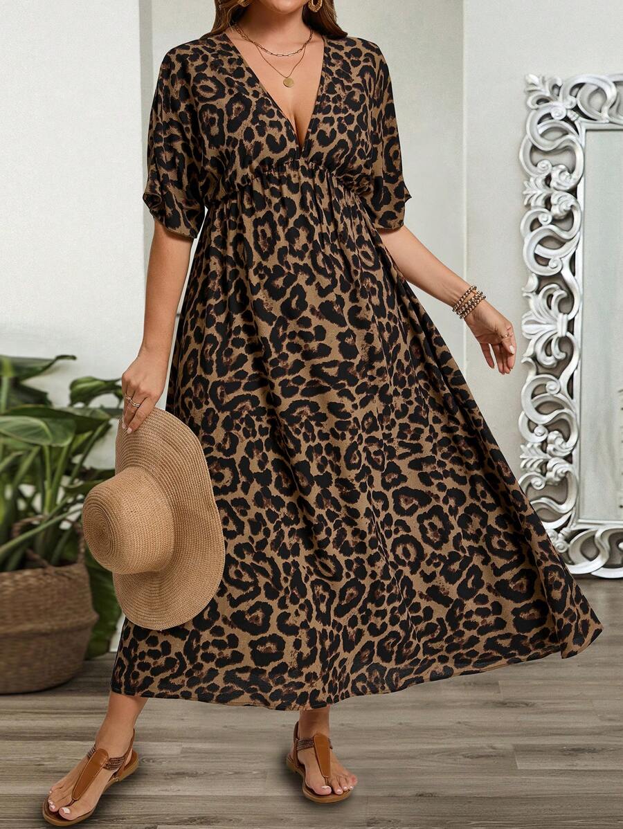 SHEIN VCAY Plus Size Vrouwen Luipaard Print V-hals Korte Mouw Lange Elegante Jurk, Zomer