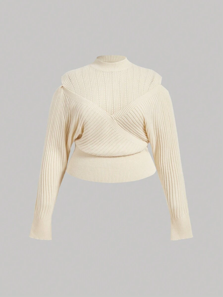 SHEIN MOD Plus Size Apricot Mock Neck Open Shoulder Women Knit Sweater