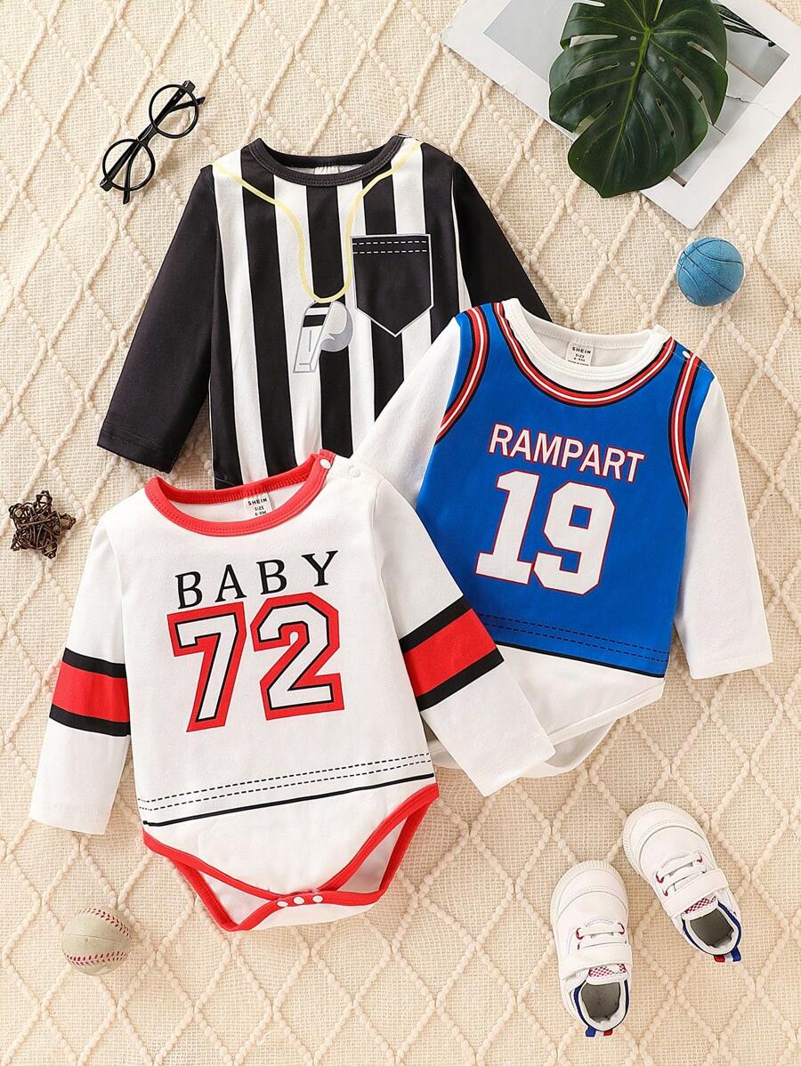 3pcs/Set Baby Boys Sports Casual Cute Basketball & Football Graphic Print Long Sleeve Romper, Suitable For Outdoor, Party, Photo Shoot All Seasons