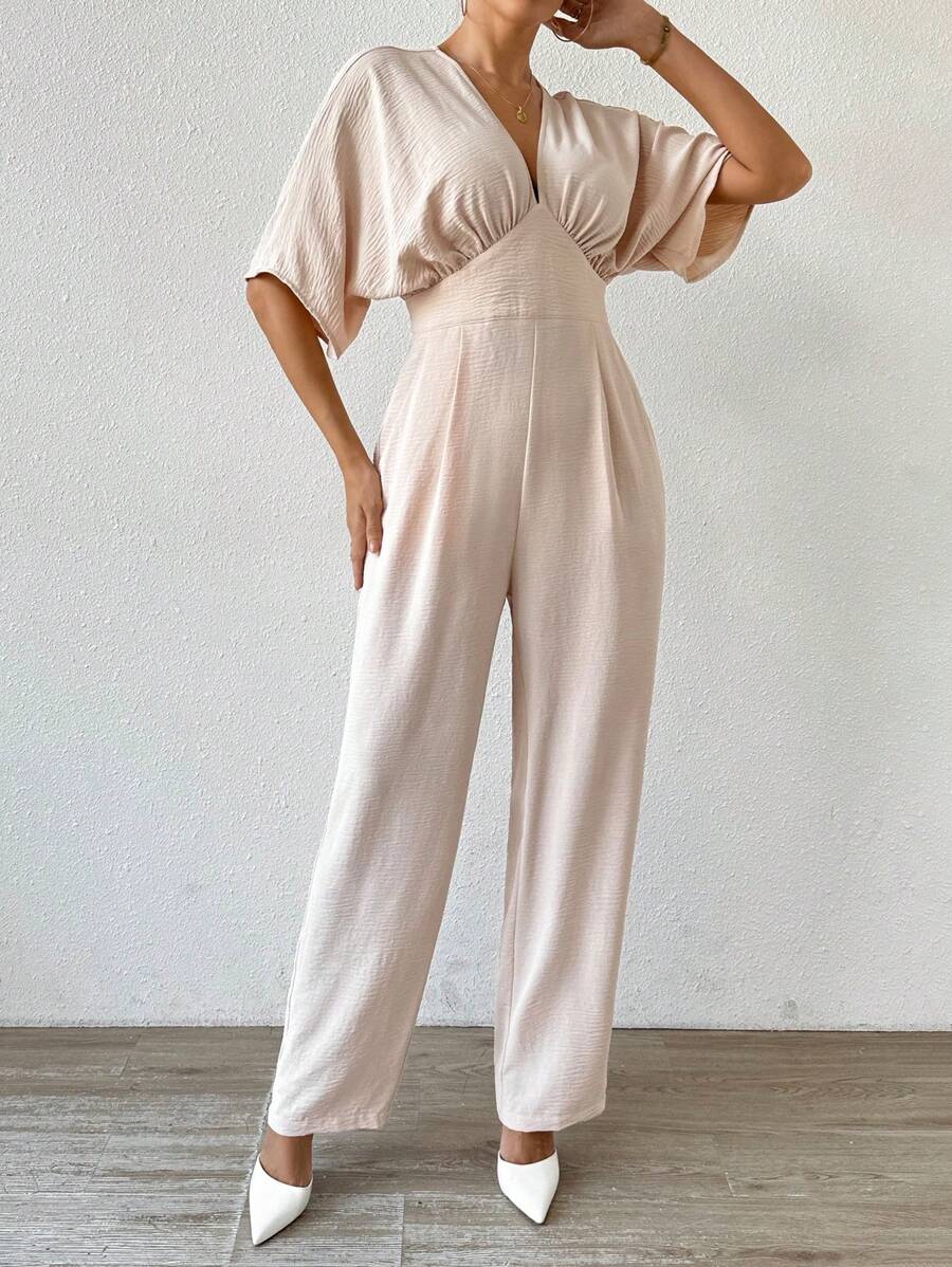 SHEIN Privé Deep V-Neck Ruched Waist Batwing Sleeve Elegant Office Jumpsuit