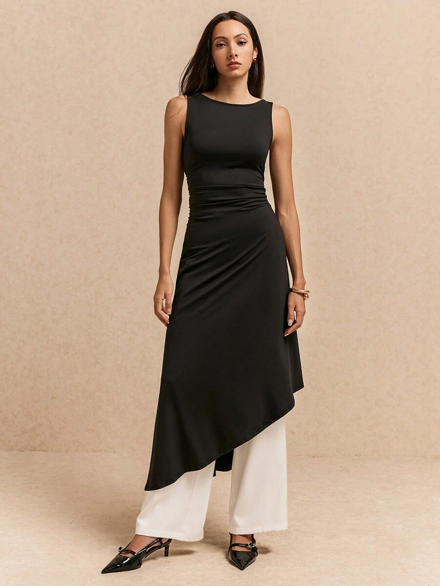 Poéselle Robe midi évasée sans manches à col ras-du-cou unie pour femmes, vêtement chic et essentiel sans effort, élégante Bridgerton