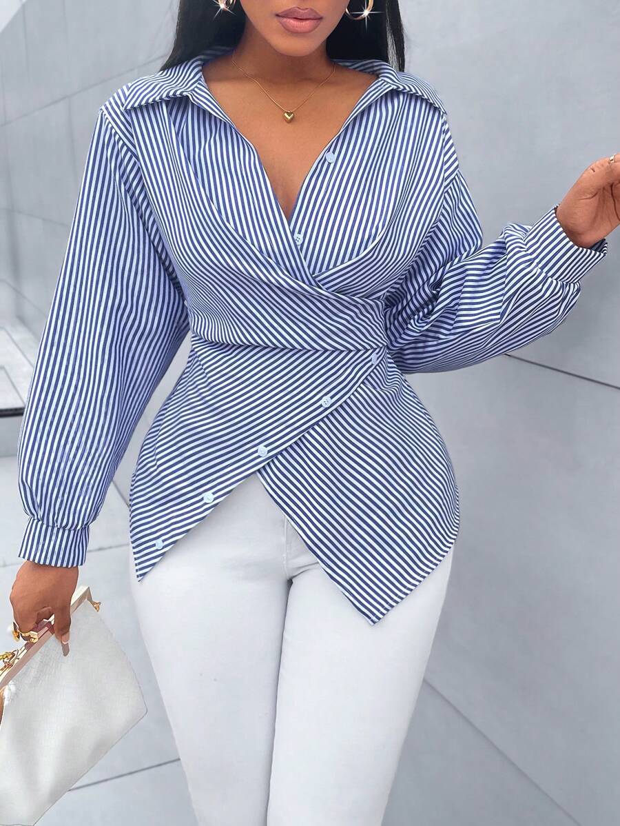 SOLERSUN Women's Striped Print Button Front Shirt,Asymmetrical Hem ,Batwing Sleeve,Wrap Blouse,Fall Outfits,Long Sleeve,Winter Clothing,Elegant,Daily Commuting,Going Our,Casual,Long Sleeve Tops