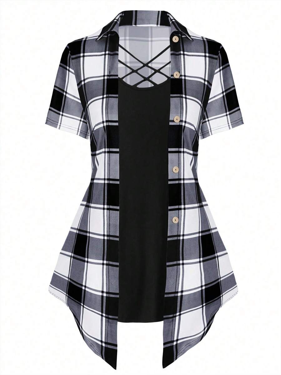 SHEIN LUNE Plus Plaid Print Crisscross Front 2 In 1 Tee Graphic Tees Women Tops