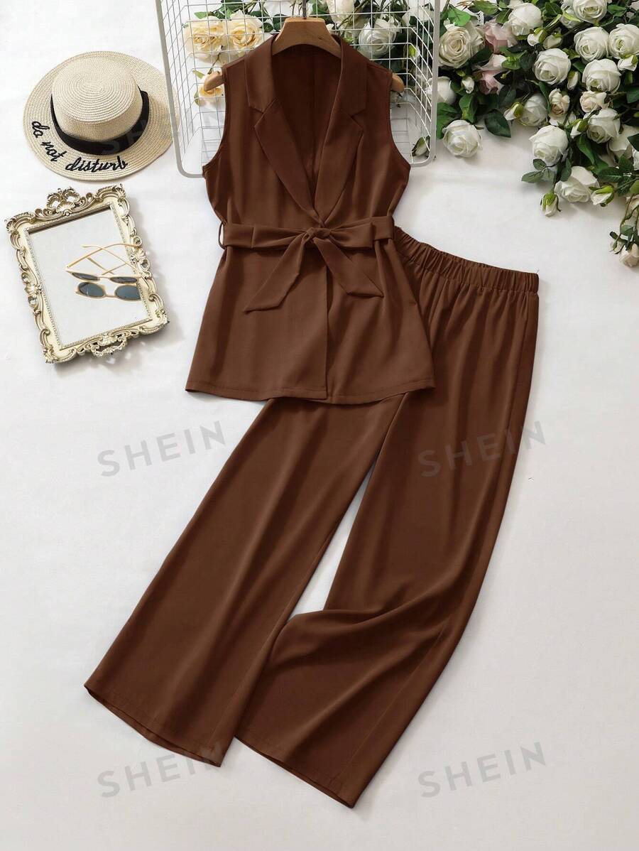 Mulvari Conjunto casual de mujer con top sin mangas de cuello de solapa y pantalones, set de 2 piezas