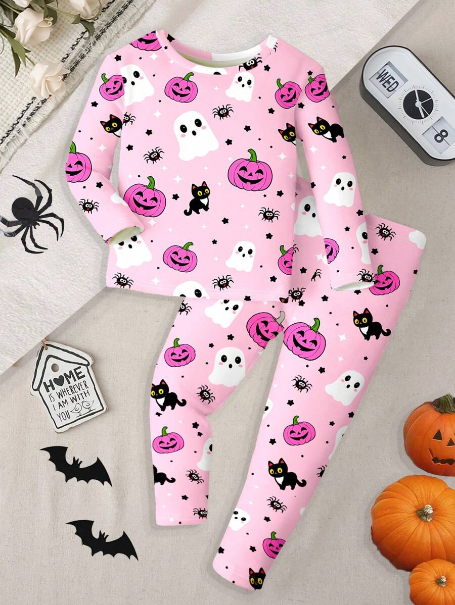 SHEIN Girl Casual Cute Halloween Pumpkin & Cat Print Turtleneck Snug Fit Top And Pants Loungewear Set, Suitable For Autumn/Winter