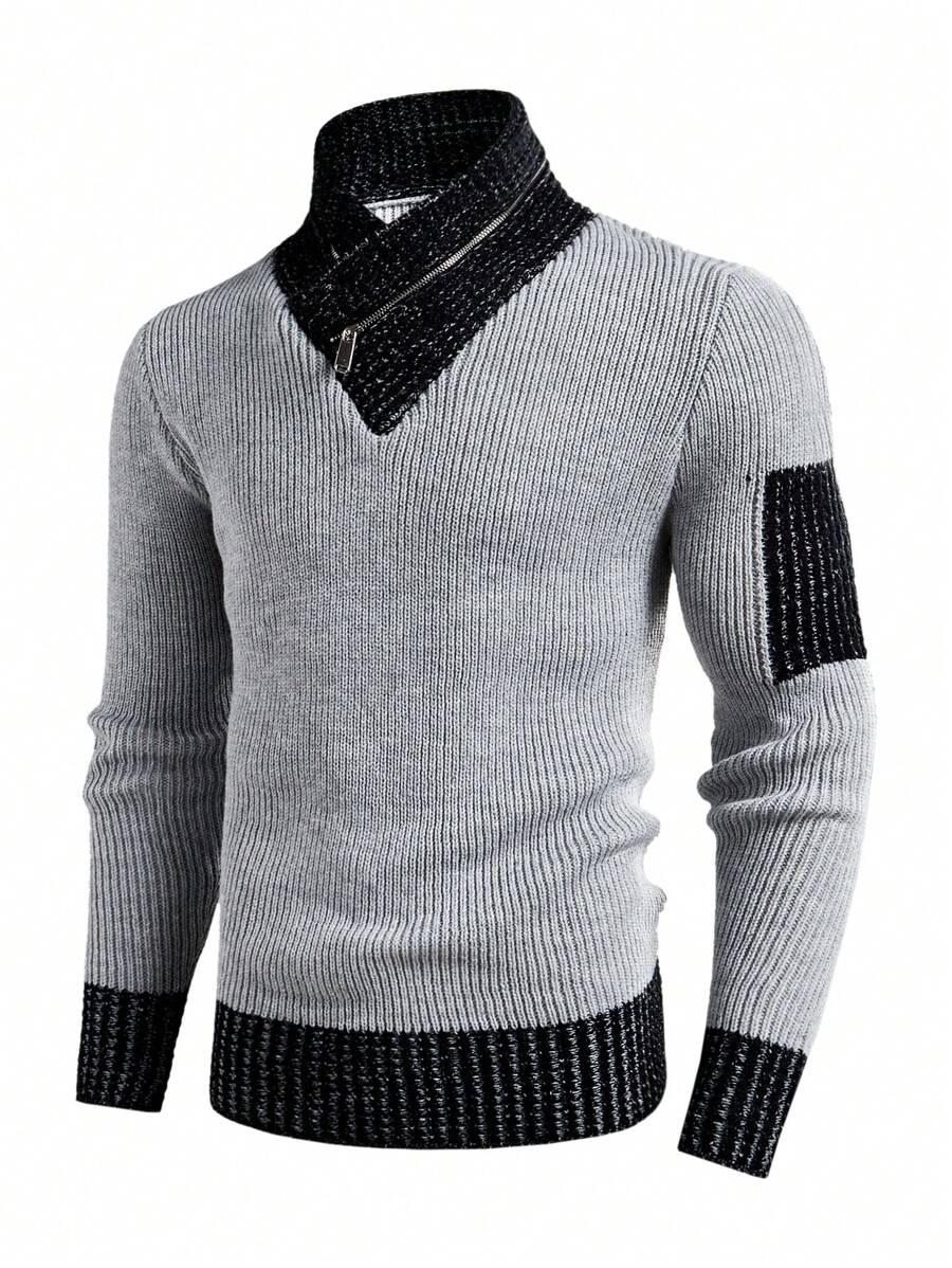 Manfinity RelaxMax Men's Colorblock Stand Collar Vintage Distressed Knitted Cable Knit Long Sleeve Sweater, Fall & Winter, For Work, Family Matching