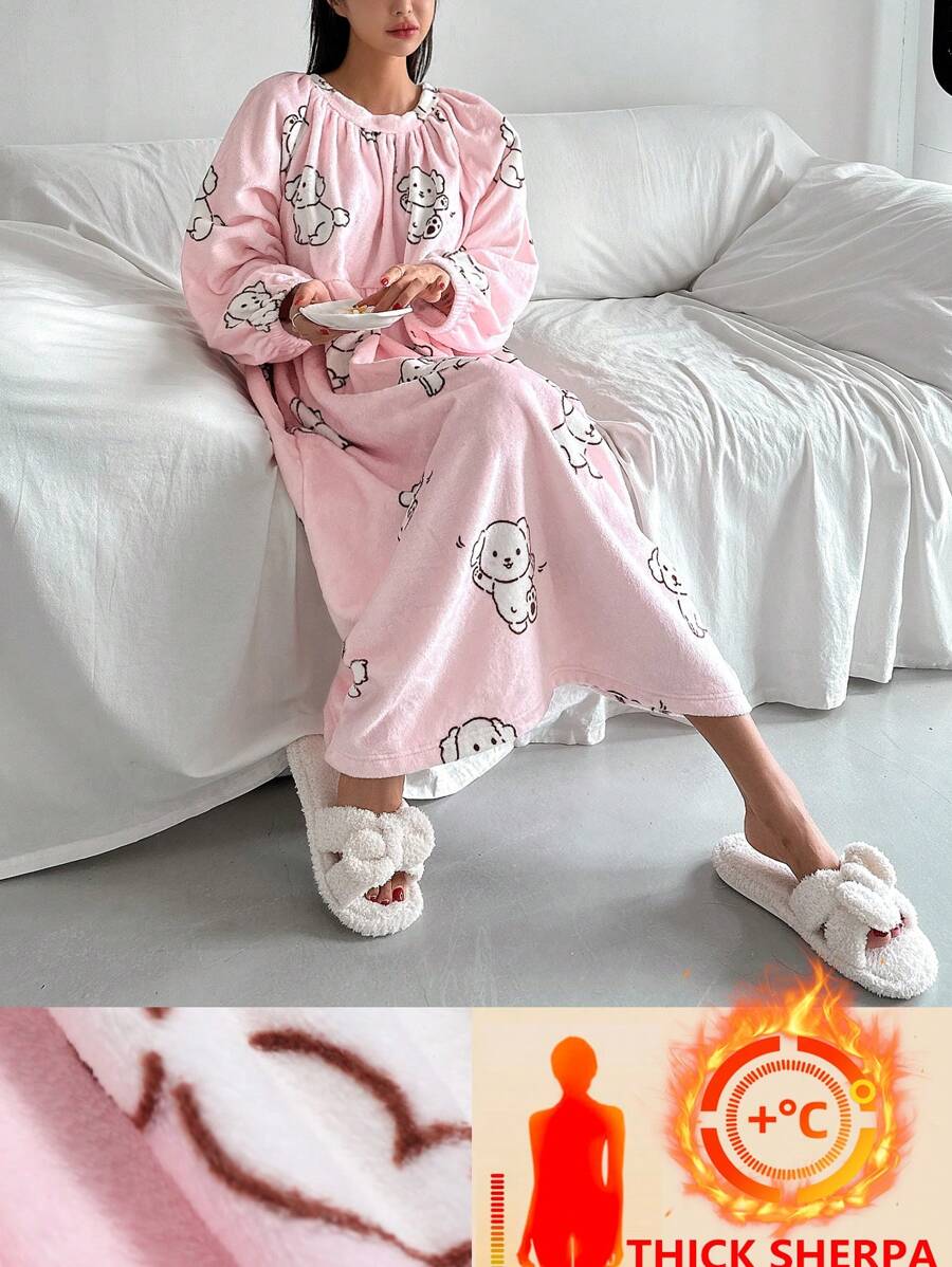 DAZY Cute Dog Pattern Flannel Ruched Design Loose Nightgown