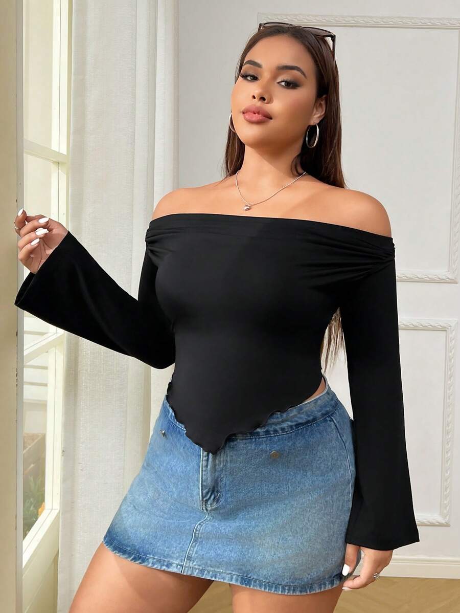 SHEIN EZwear Plus Size Women Spring Summer Solid Asymmetrical Hem Casual Off Shoulder T-Shirt Top