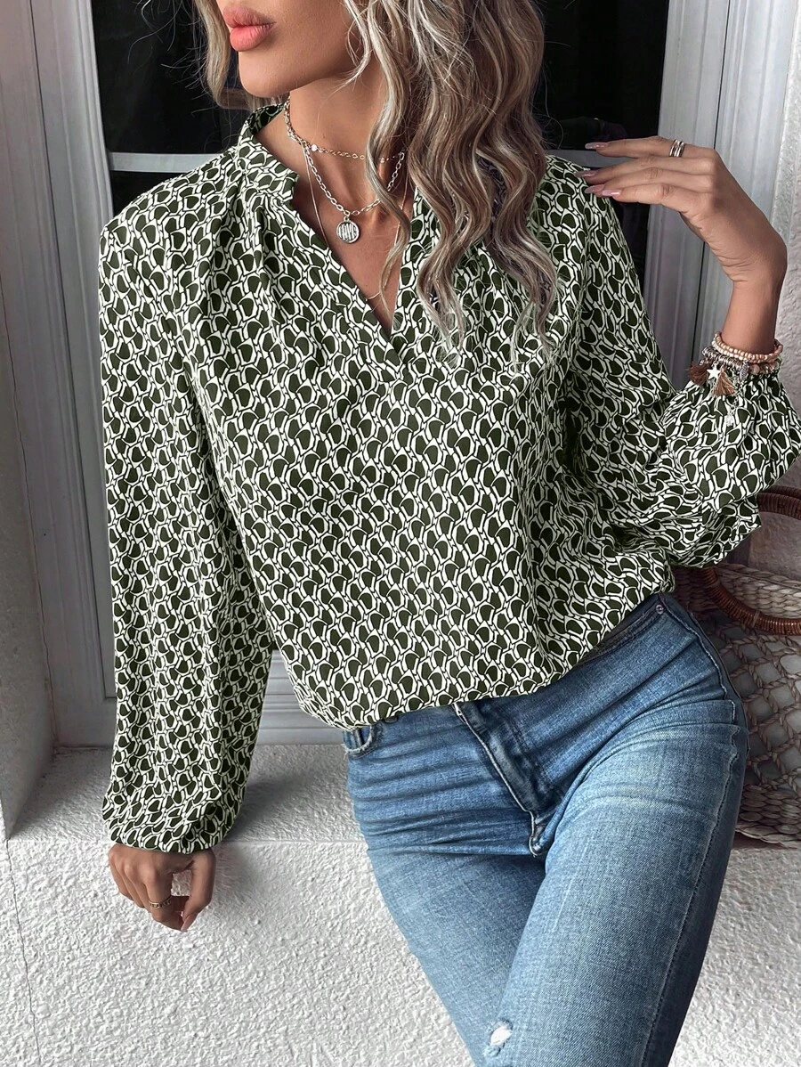 Calvaya Women's V-Neck Long Sleeve Casual Comfortable Allover Print Shirt, Random Print