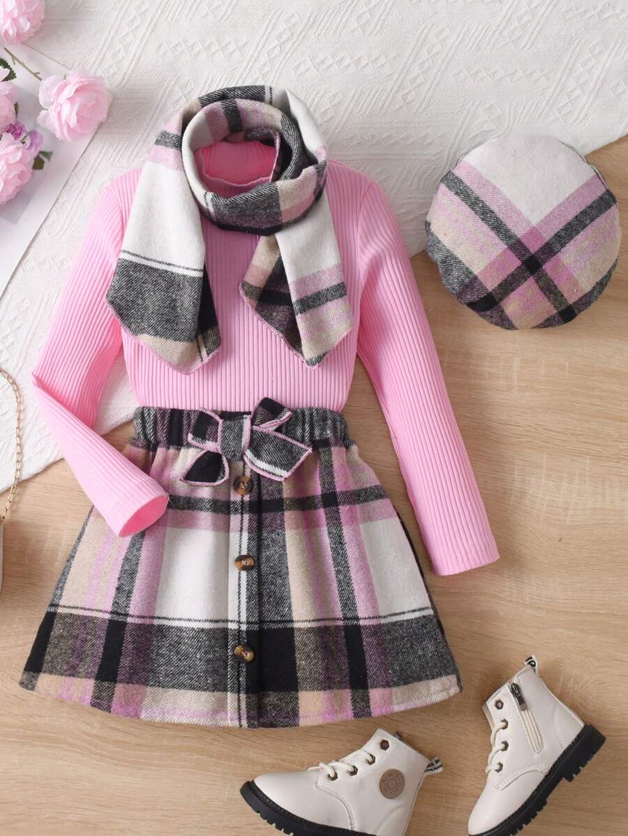4pcs/Set Young Girls Casual Chic Elegant Mock Neck Long Sleeve Fitted T-Shirt, Elastic Waist Plaid Bow A-Line Skirt, Scarf And Beret Hat Set