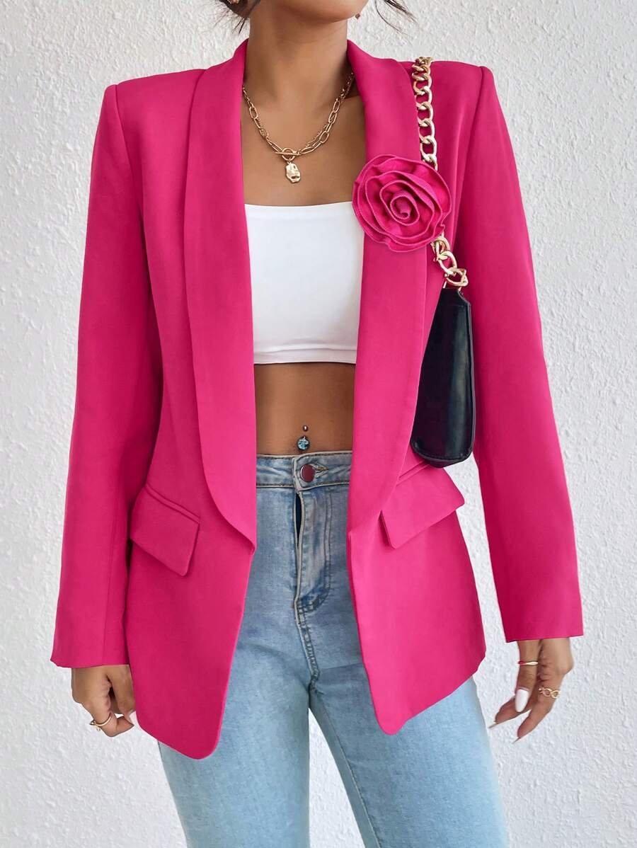 Calvaya Women's Spring/Autumn Solid Color Lapel Collar Long Sleeve Jacket With 3D Floral Brooch Decor