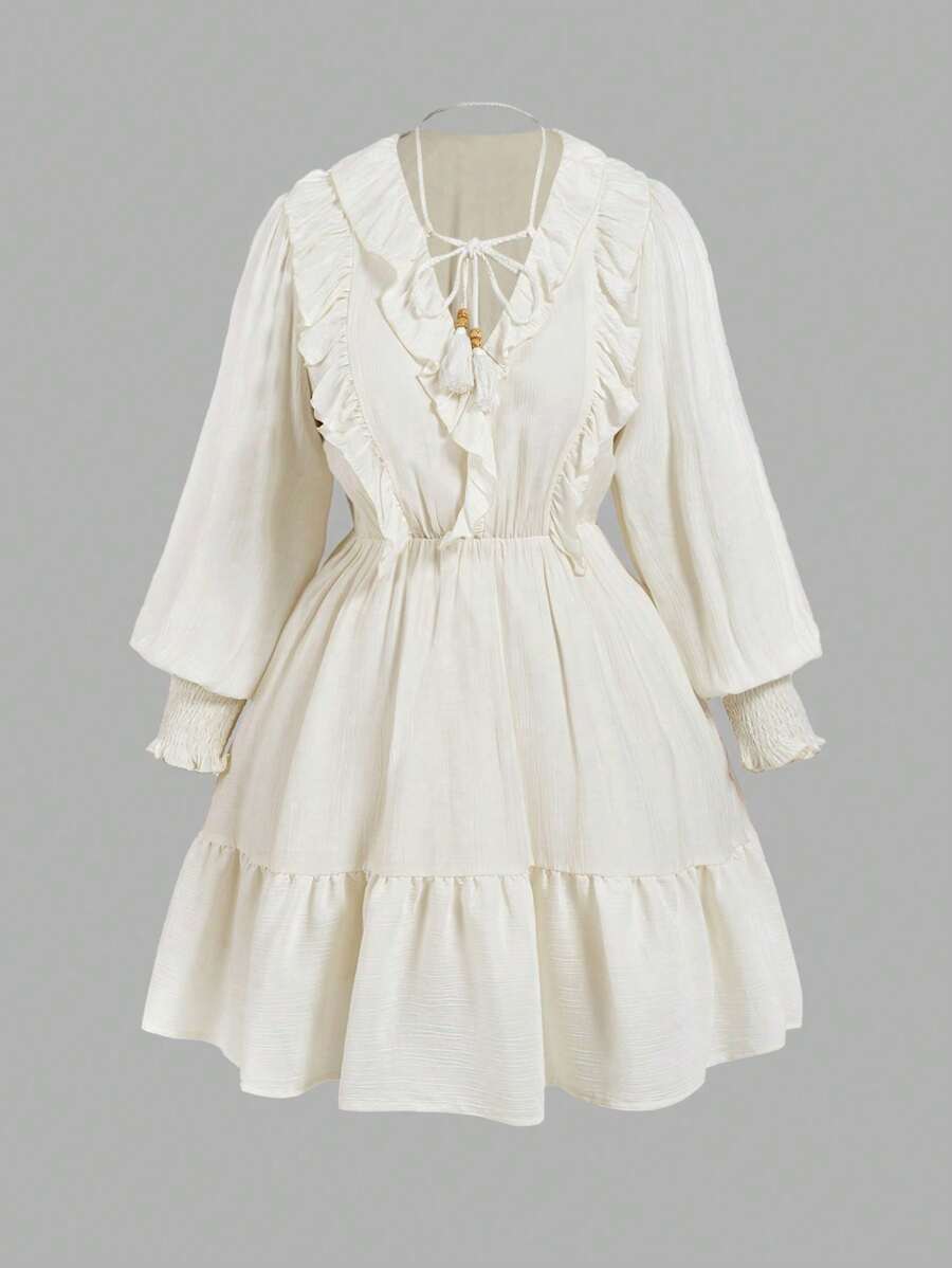 SHEIN MOD Vestido mini de manga larga con volantes en el bajo y manga farol de unicolor talla grande