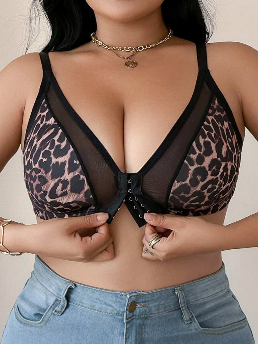 Sujetador frontal cómodo con estampado de leopardo para tallas grandes