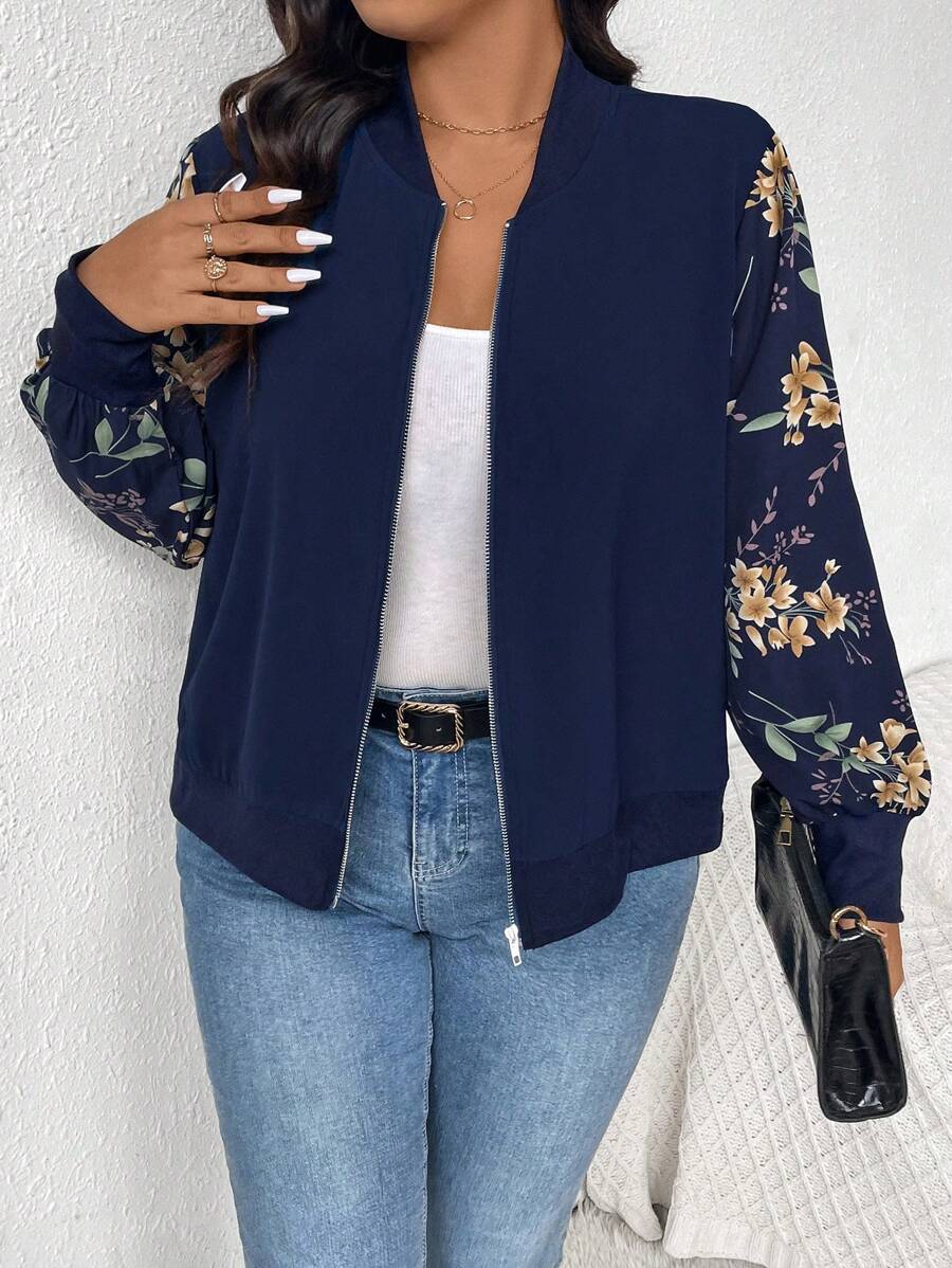 SHEIN Frenchy Chaqueta de béisbol con bloques de color e impresión floral para mujeres de talla grande, para primavera y otoño