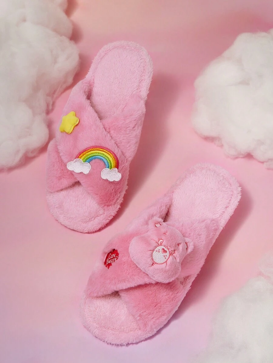SHEIN X Care Bears Women's 3D Bear Rainbow & Cute Star Decor Plush Indoor Slippers, Gifts Spring Shoes Spring Break Easter
